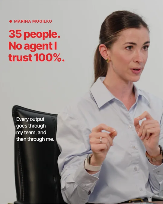 Slide 2. 35 people. No agent I trust 100%. Every output goes through my team, and then through me.